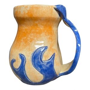 Rowe Pottery Artisan Mug Pitcher Jug John Tiller Artist Signed Orange Blue Flame